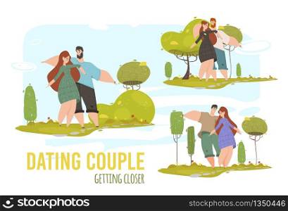 Man and Woman Romantic Relations, Love. Young Loving Couple Dating Getting Closer in City Park at Summertime Vacation. Outdoors Summer Spare Time, Leisure Meeting. Cartoon Flat Vector Illustration. Man and Woman Romantic Relations, Love Set Banner