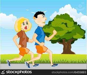 Man and woman run. Girl and lad on matutinal run on nature