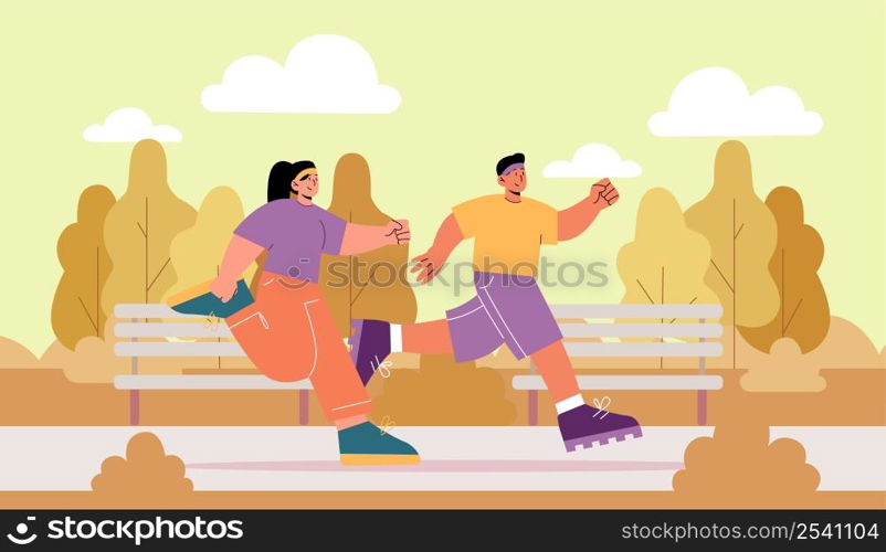 Man and woman run in autumn park. Concept of sport activity, healthy lifestyle with couple runners jogging together. Vector flat fall landscape with two characters joggers on street. Man and woman run in autumn park