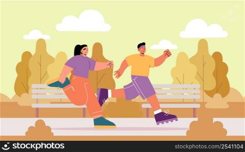 Man and woman run in autumn park. Concept of sport activity, healthy lifestyle with couple runners jogging together. Vector flat fall landscape with two characters joggers on street. Man and woman run in autumn park