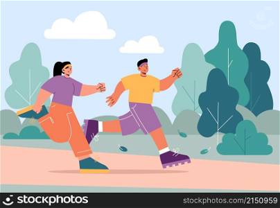 Man and woman run in park. Illustration of couple runners jogging together. Vector flat landscape with green trees and two characters joggers on path. Concept of healthy lifestyle, active fit. Couple runners jogging together in park