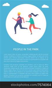 Man and woman running together vector illustration isolated in circle. Couple jogging, active way of life and sport activities, poster with text sample. Man and Woman Running Together Vector Illustration