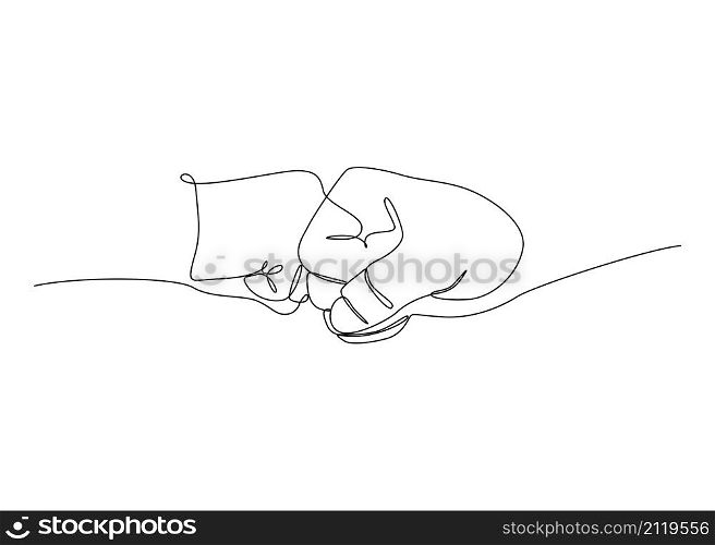 Man and woman`s clenched fists bump. Continuous one line illustrated fist bump.