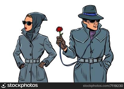 man and woman secret agents, spies. isolate on white background. Comic cartoon pop art retro illustration drawing. man and woman secret agents, spies. isolate on white background