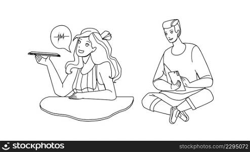 Man And Woman Sending Message On Phone Black Line Pencil Drawing Vector. Boy Typing Sms And Girl Send Voice Message To Friend On Smartphone. Characters Device Application For Communication. Man And Woman Sending Message On Phone Vector