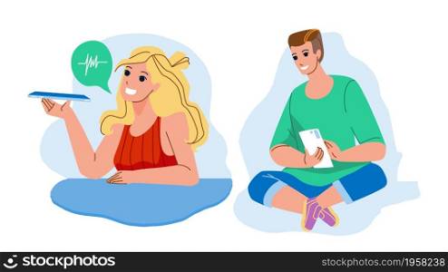 Man And Woman Sending Message On Phone Vector. Boy Typing Sms And Girl Send Voice Message To Friend On Smartphone. Characters Device Application For Communication Flat Cartoon Illustration. Man And Woman Sending Message On Phone Vector