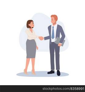 Man and woman shaking hands achievement in deal. office workers shaking hands, contract, teamwork, partnership.Vector illustration.