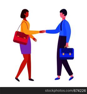 Man and woman shaking hands. Businessman partnership. Job interview, employment. Making business deal vector illustration isolated in flat style. Man and woman shaking hands. Businessman partnership.
