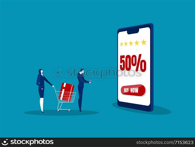 man and woman shop online using smartphone, in flat modern style.