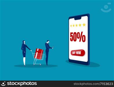 man and woman shop online using smartphone, in flat modern style.