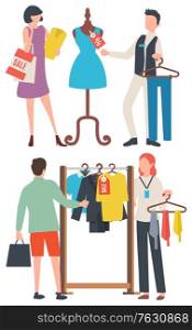 Man and woman shopping clothes, choosing t-shirt, suit and tie. Woman with package, dress on mannequin, discount on old collection, retail. Vector illustration in flat cartoon style. Choosing Clothes, People Shopping, Retail Vector