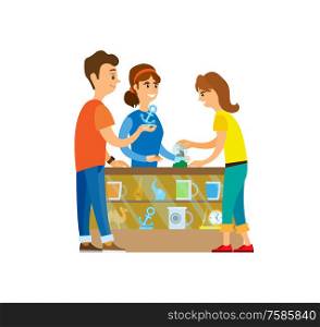 Man and woman shopping together vector, couple choosing gifts and presents. Shelf with goods, statues and watch clock time, camel and snowball toy. People at Souvenirs Shop Buying Products Items
