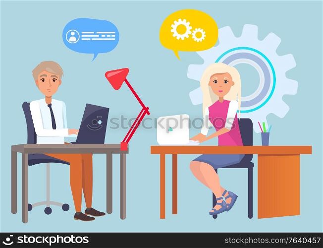 Man and woman sitting at computers, stationery and lamp on tables. Vector cartoon people and chat bubbles, rotating cogwheel symbol of work, gears and info. Man and Woman Stting at Computers, Stationery Lamp