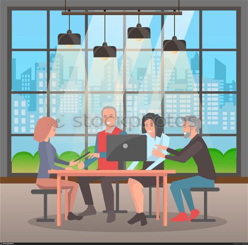 Man and woman sitting at desktop and working with computer. Smiling male and female discussing work in office with skyscraper view in panoramic window. People teamwork and brainstorming with pc vector. People Using Laptop Coworking in Office Vector