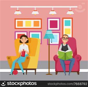 Man and woman sitting at home vector, knitting lady and male reading book. Character on pastime, leisure time of family, relaxation and recreation. People Reading Books at Home, Man and Woman Vector