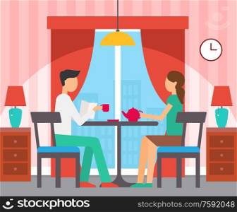 Man and woman sitting at table, girl holding teapot, boy reading papers. Design interior of room, panoramic window, nightstands with lamps vector. Man and Woman Sitting at Table in Room Vector