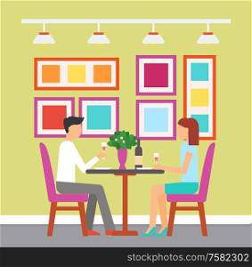 Man and woman sitting at table with bottle and plant, meeting of couple, holding glass of wine. Room decorated with lamp and colorful pictures vector. Meeting of Couple, Glass of Wine Man, Woman Vector