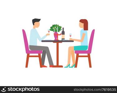 Man and woman sitting at table with bottle and plant, meeting of couple, holding glass of wine. Room decorated with lamp and colorful pictures vector. Girl and boy on dating in restaurant or cafe. Man and Woman Holding Glasses with Wine Vector