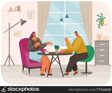 Man and woman sitting at table with coffee in restaurant on date. Married couple drink tea in kitchen at home, sitting at cozy table with bouquet in vase. Peasant family tea party in evening. Man and woman sitting at table with coffee in restaurant on date. Married couple drink tea at home