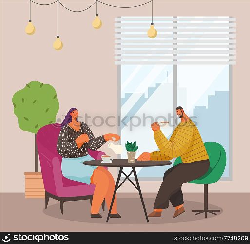 Man and woman sitting at the table with coffee in restaurant. Married couple drink tea in the kitchen at home, sitting at a cozy table with a bouquet in a vase. Friends, colleagues, business meeting. Man and woman sitting at the table with coffee in restaurant. Married couple drink tea at home