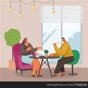Man and woman sitting at the table with coffee in restaurant. Married couple drink tea in the kitchen at home, sitting at a cozy table with a bouquet in a vase. Friends, colleagues, business meeting. Man and woman sitting at the table with coffee in restaurant. Married couple drink tea at home