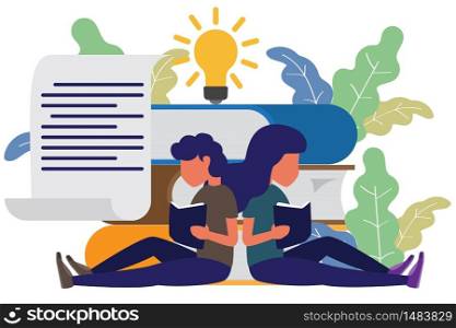 man and woman sitting front big books reading and knowledge. modern flat style vector illustration. Book festival concept of a small people reading a open huge book.