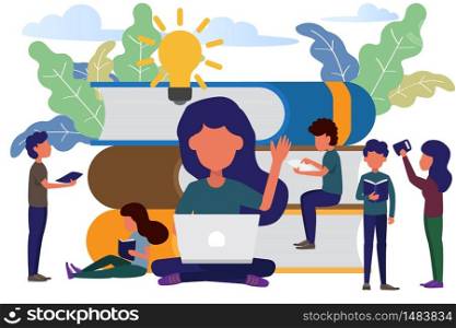 man and woman sitting front big books reading and knowledge. modern flat style vector illustration. Book festival concept of a small people reading a open huge book.