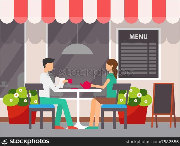 Man and woman sitting in cafe vector. Terrasse of restaurant, couple enjoying weekend in coffee shop, people drinking tea pouring from ceramic kettle. Couple Drinking Tea in Outdoors Cafe Restaurant