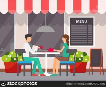 Man and woman sitting in cafe vector. Terrasse of restaurant, couple enjoying weekend in coffee shop, people drinking tea pouring from ceramic kettle. Couple Drinking Tea in Outdoors Cafe Restaurant