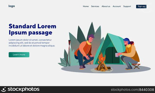 Man and woman sitting near fire. Tent, outdoors, story telling flat vector illustration. Leisure and active lifestyle concept for banner, website design or landing web page 