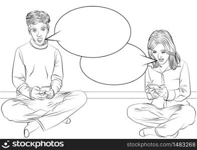 Man and woman sitting on a floor with legs crossed, looking at their mobile phones and screaming - comic book style, positive excited people, cartoon vector illustration.