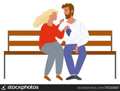 Man and woman sitting on bench, couple romantic day. Lovers eating grape, rustic product, element of harvest festival, boyfriend and boyfriend. Female feeds a male with grapes. Vector in flat style. Couple Eating Grape, Tasty Fruit, Harvest Vector