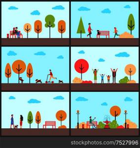 Man and woman sitting on bench park in autumn vector. Family spending sunny day, couple walking dog, male riding scooter. Pets with owners strolling. Man and Woman Sitting on Bench of Park in Autumn