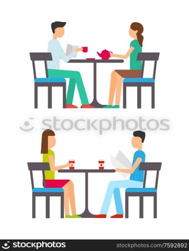 Man and woman sitting on chairs at table, drinking cups of coffee and tea. Couples in casual clothes, girl in t-shirt and skirt, boy in trousers vector. Man and Woman Sitting on Chairs at Table Vector