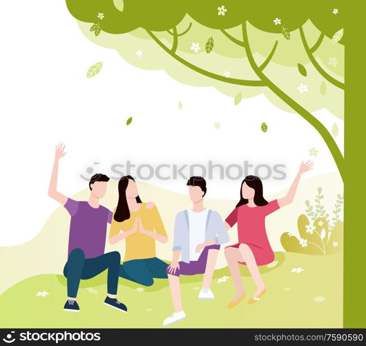 Man and woman sitting on ground vector, friends happy to be together, people under tree with falling leaves. Couples in summer talking and having fun. People Spending Time on Nature, Friends in Park