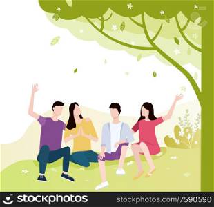 Man and woman sitting on ground vector, friends happy to be together, people under tree with falling leaves. Couples in summer talking and having fun. People Spending Time on Nature, Friends in Park