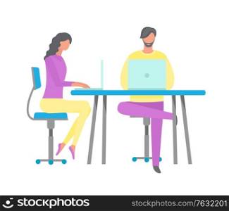 Man and woman sitting on seat at table working with laptop, teamwork and workplace, people using wireless gadget in office, communication with pc. Vector illustration in flat cartoon style. People Using Wireless Gadget in Office, PC Vector