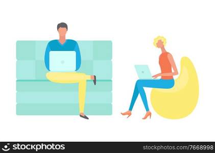 Man and woman sitting on seat with laptop, workers using wireless gadget, portrait and side view of people. Education and job with computer vector. People Working with Wireless Gadget, Laptop Vector