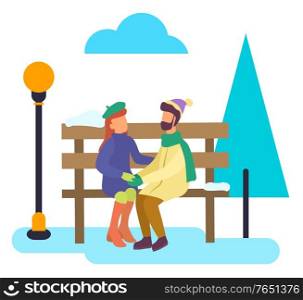 Man and woman sitting on snowy bench in winter park. Lovers romantic day outdoor near fir-tree and lamp symbol. Leisure or dating of male and woman in frost season and cloudy sky outside vector. Lovers Sitting on Bench in Winter Park Vector