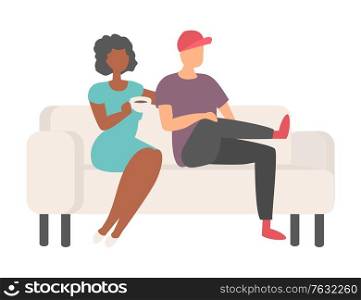 Man and woman sitting on white sofa and drinking coffee. People in reception room on comfortable couch with hot beverage, cartoon afro-american lady. Man and Woman Sitting on Sofa and Drinking Coffee