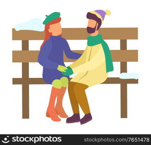 Man and woman sitting on wooden bench. Winter characters in love on date. People talking in park, girlfriend and boyfriend in relationship. Couple hugging holding hands. Vector in flat style. Couple Hugging on Bench Winter Characters Isolated