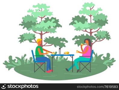 Man and woman sitting outdoor, couple picnic in forest or park, people characters drinking and eating sandwiches, healthy leisure, friends relaxing vector. People Picnic near Trees, Leisure Outdoor Vector