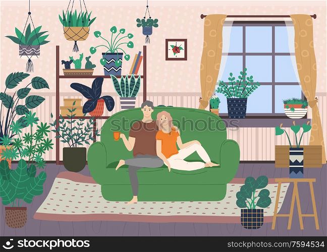 Man and woman sitting together on sofa, room decorated by houseplants on floor, windowsill and on shelf, hanging plant, interior of flat, couple vector. Interior of Room, Sitting Couple, Plants Vector