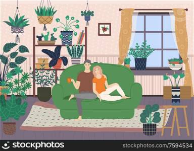 Man and woman sitting together on sofa, room decorated by houseplants on floor, windowsill and on shelf, hanging plant, interior of flat, couple vector. Interior of Room, Sitting Couple, Plants Vector