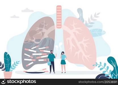 Man and woman smoking cigarettes. Healthy and unhealthy lung on background. Sick lung filled with smoke and cigarettes. Concept of bad habit and nicotine addiction. Trendy flat vector illustration. Man and woman smoking cigarettes. Healthy and unhealthy lung on background. Sick lung filled with smoke and cigarettes