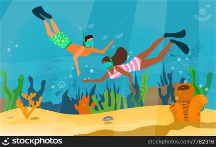 Man and woman snorkeling, exploring underwater world with fishes, corals, reefs. People dive and look at underwater inhabitants. Couple with snorkels swims near coral reef, vacation at sea, ocean. Man and woman snorkeling, exploring underwater world. Couple swim near coral reef, vacation at sea