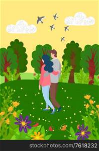 Man and woman spend time together on nature. Vector cartoon people walking in forest among green trees and flowers, birds flying in sky, summertime season. Man and Woman Spend Time Together on Nature Vector