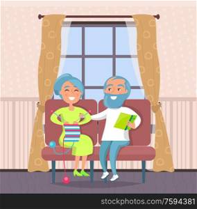 Man and woman spending time at home vector, grandmother knitting and grandfather reading book. Habits of senior people, retired male and female in room. Grandmother and Grandfather People at Home Relax