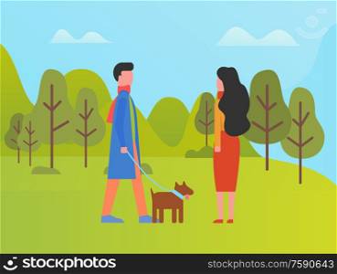 Man and woman spending time outdoors vector. Couple walking with dog, park with green lawns and grass, trees and foliage. Nature in summer and spring. People in Spring Park Walking with Dog on Leash