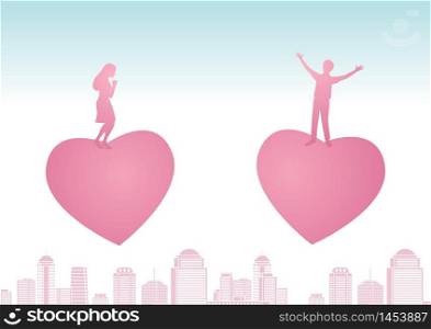 man and woman stand on big heart that flying closer each other that means love makes them be couple,vector illustration